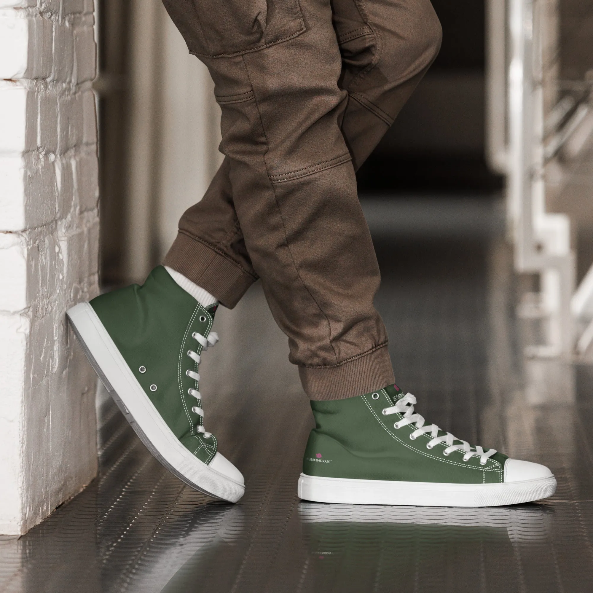 Dark Green Men's High Tops, Solid Green Color Mens High Top Sneakers Canvas Tennis Shoes With White Laces and Faux Leather Toe Caps (US Size: 5-13) Bernardo Boots