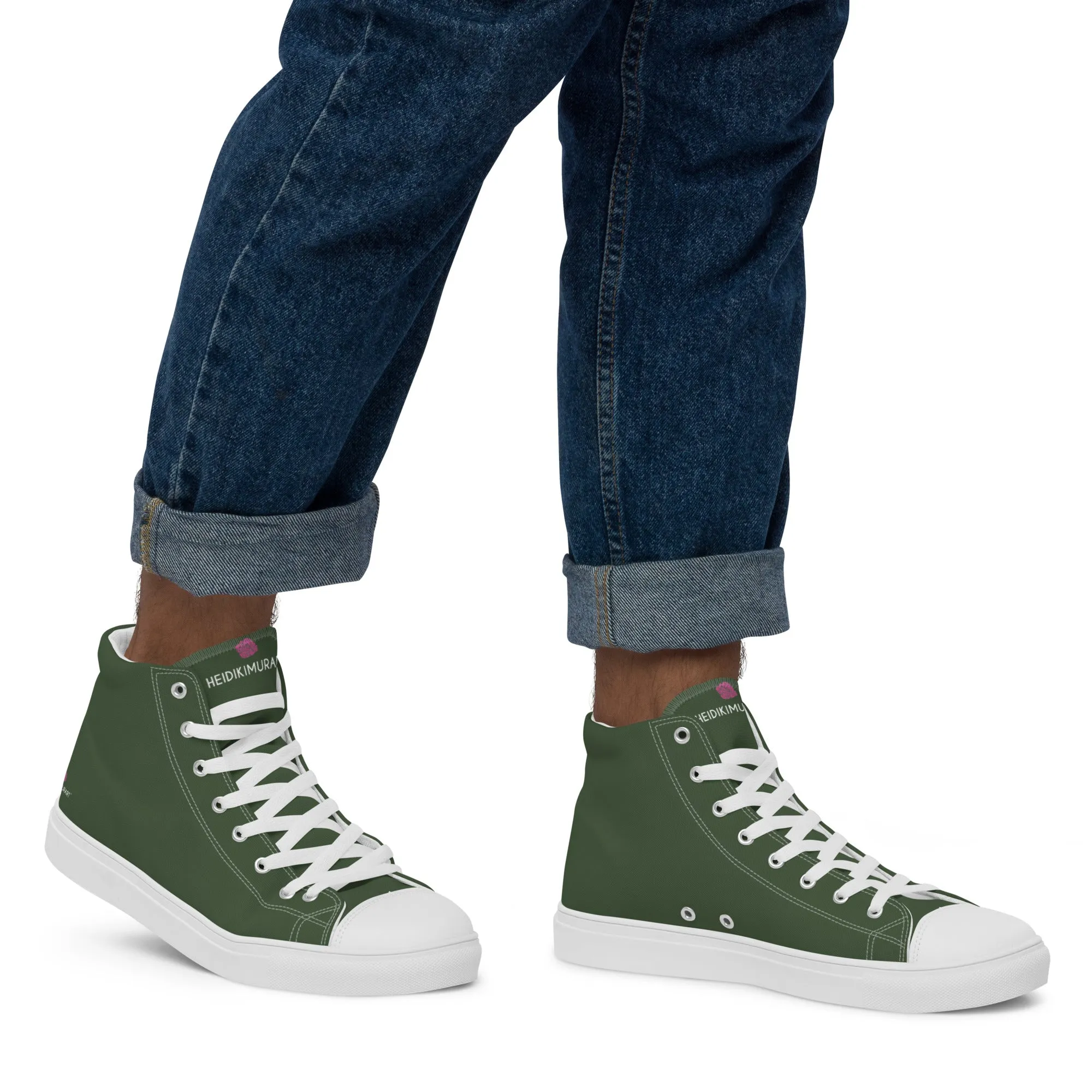 Chunky Platform Ankle Boots Dark Green Men's High Tops, Solid Green Color Mens High Top Sneakers Canvas Tennis Shoes With White Laces and Faux Leather Toe Caps (US Size: 5-13)