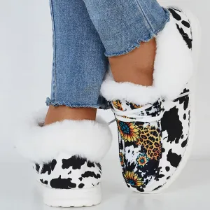 Winter Warm Flat Shoes Faux Fur Plush Lined Non Slip Boots Black Pants Brown Shoes Casual