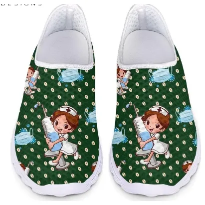 Women 3D Nurse Cartoon Print Flat Shoes Flat Bath Shoe Gasket
