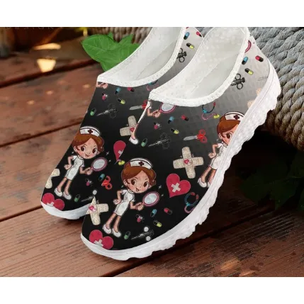 Work Shoes For Flat Wide Feet Women 3D Nurse Cartoon Print Flat Shoes
