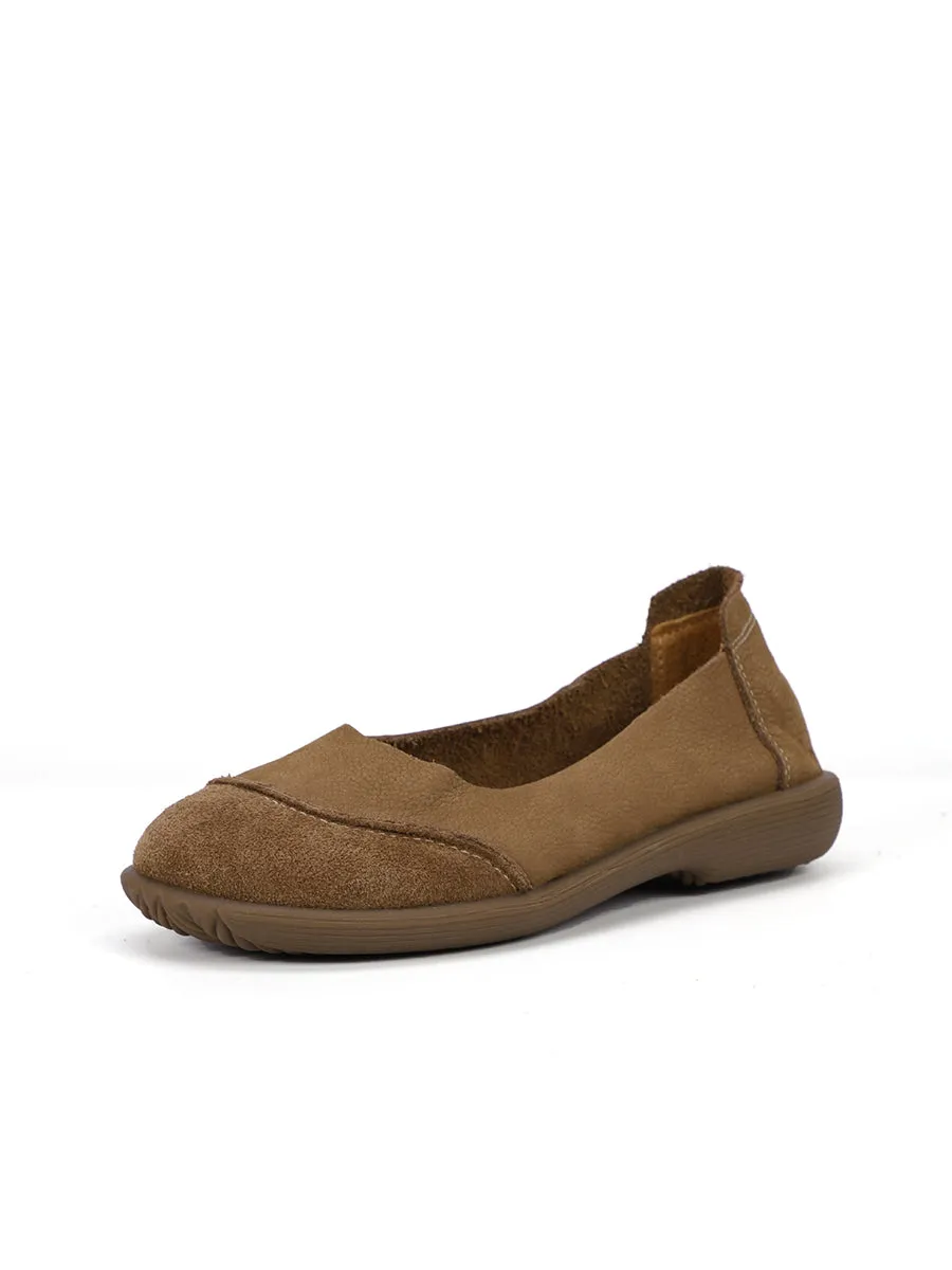 Women Summer Retro Leather Spliced Flat Shoes Wide Leg Pants Flat Shoes