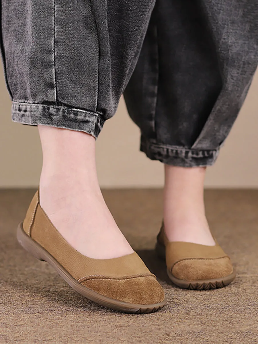 Women Summer Retro Leather Spliced Flat Shoes Flat Shoes For Wide Feet