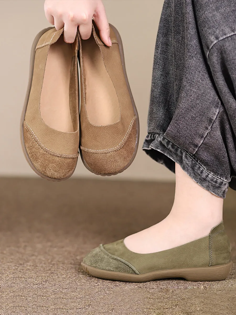 Women Summer Retro Leather Spliced Flat Shoes Flat Wide Toe Shoes