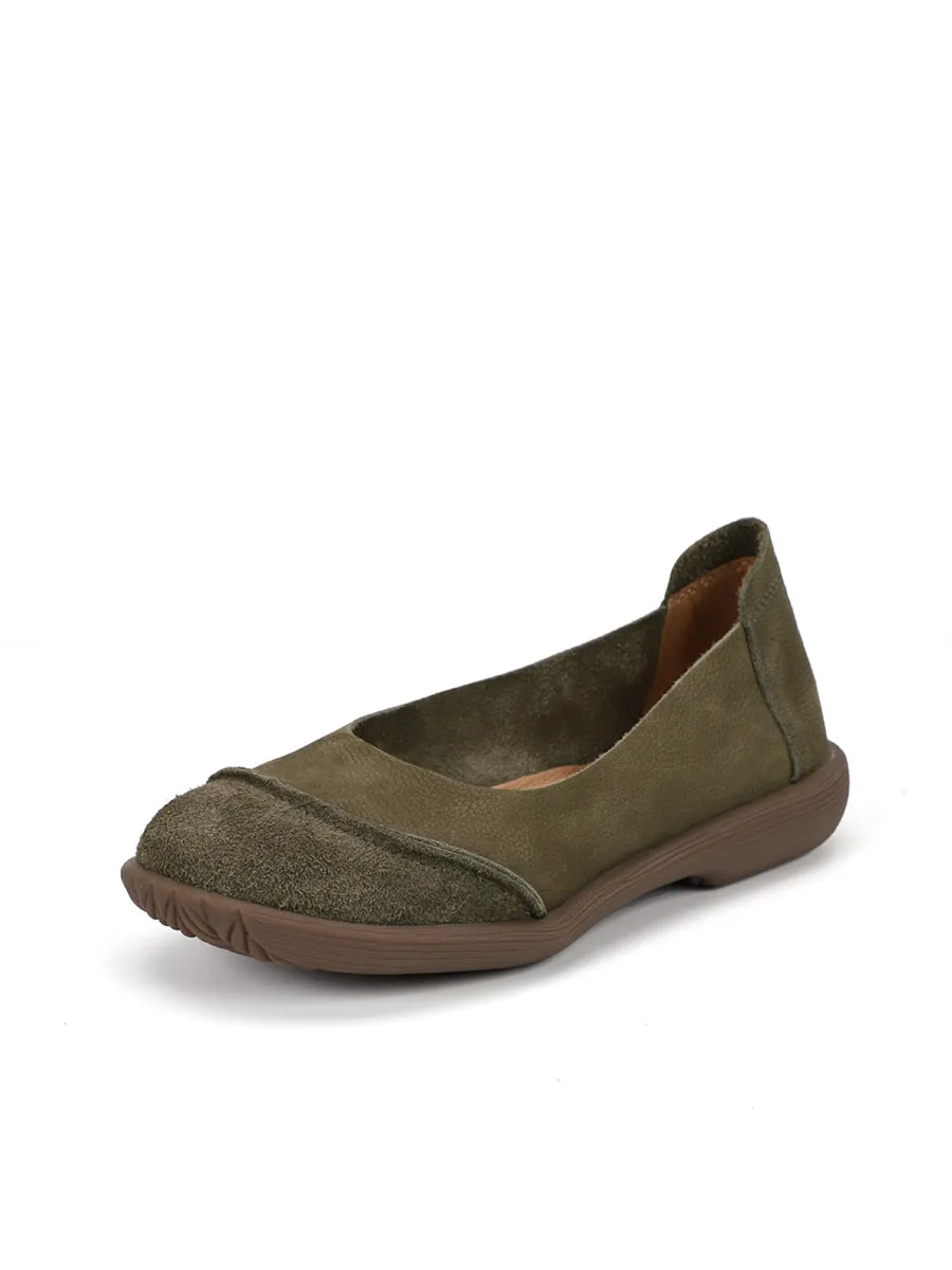 Women Summer Retro Leather Spliced Flat Shoes Green Flat Shoes