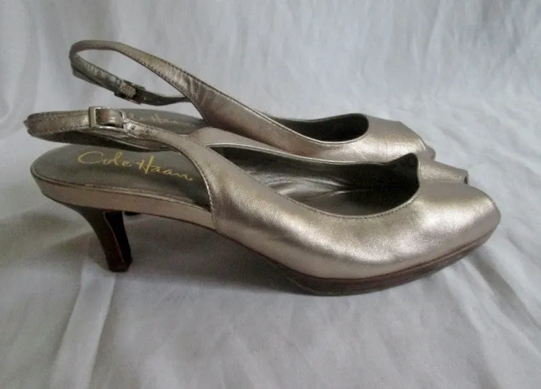 Womens COLE HAAN Leather Pump Heel Shoe 7.5 METALLIC GOLD NIKE AIR Strappy Asics Shoes Size 16