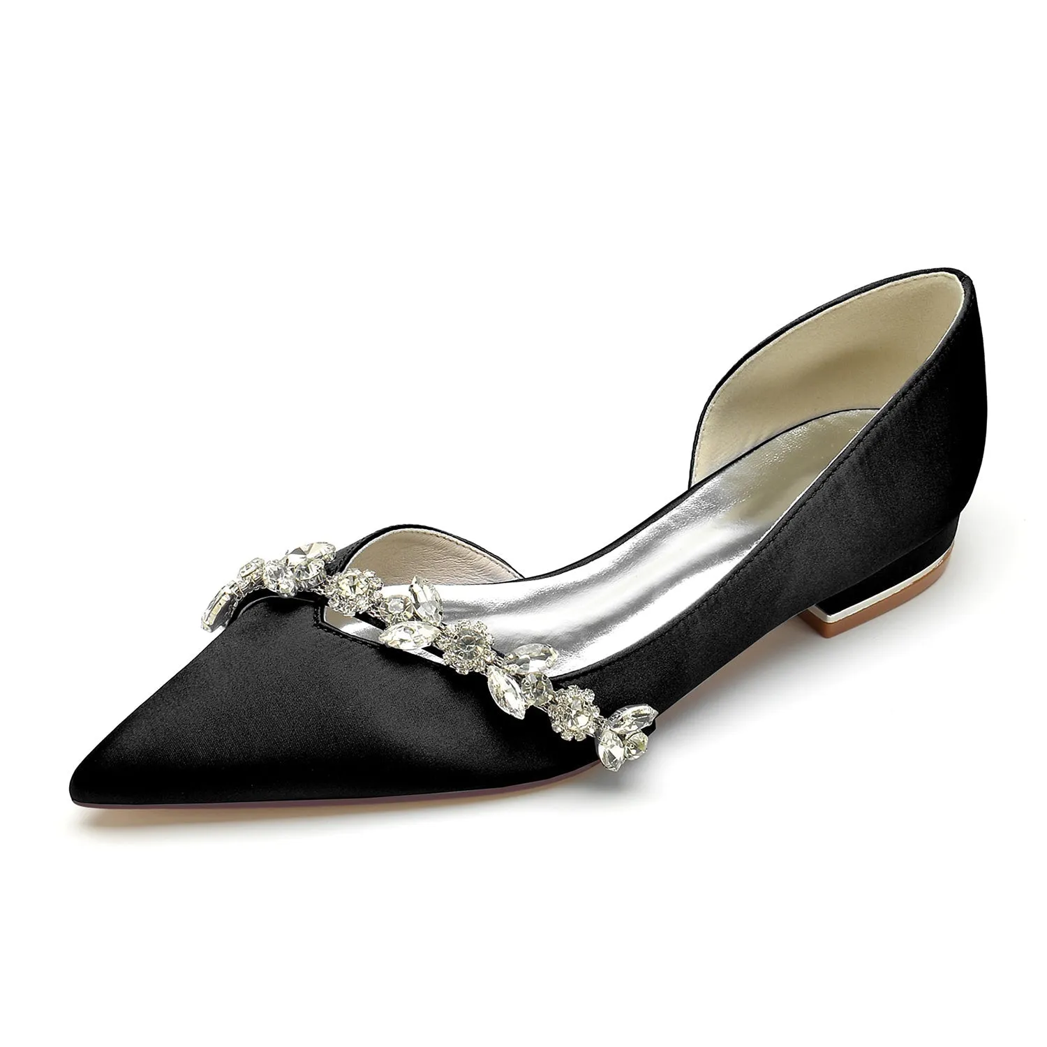Flat Shoes With Heels Women's Silk Satin Closed Toe With Flat Heel Rhinestone Wedding Shoes