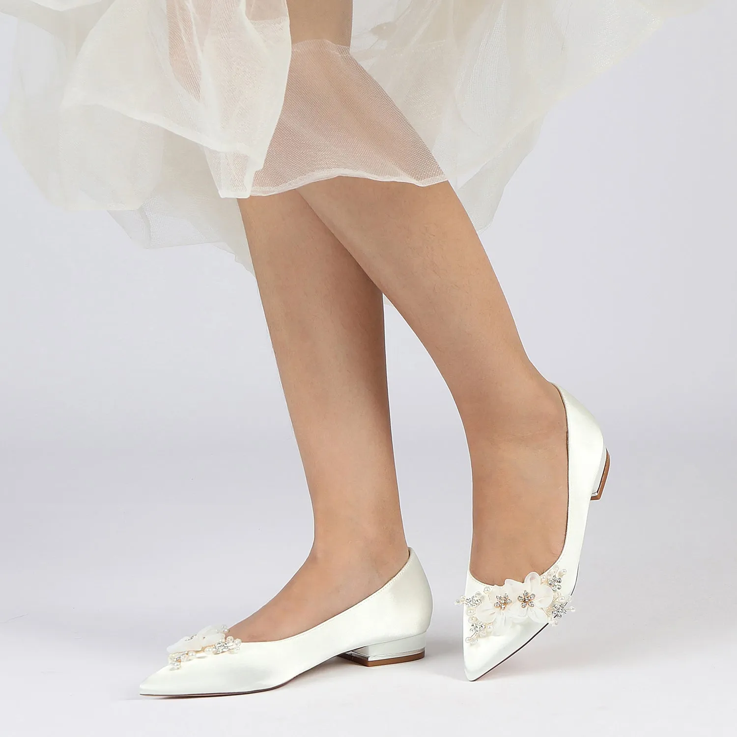 Women's Silk Satin With Flower Closed Toe Flat Heel Party Shoes Comfortable Silver Flat Shoes