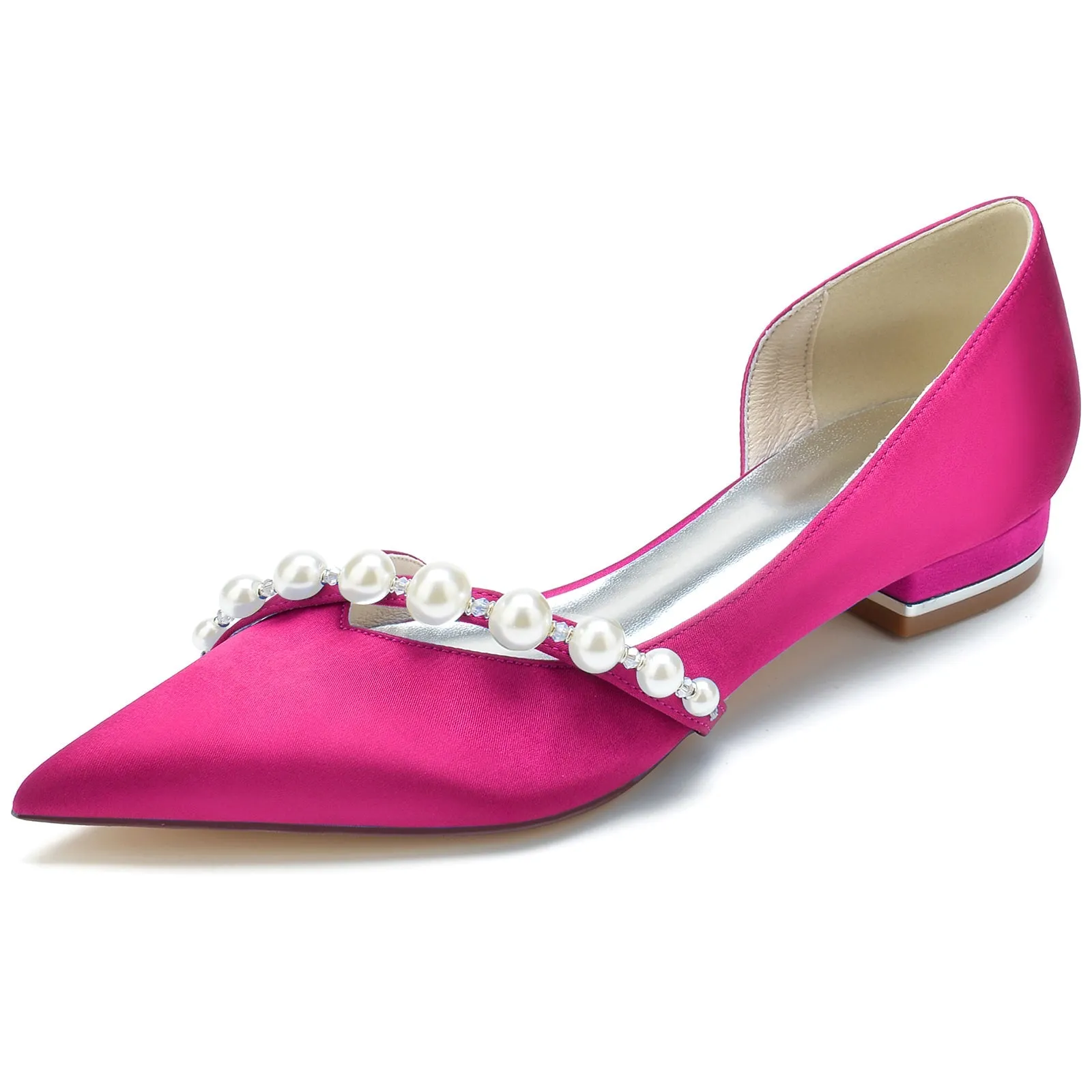 Fur Lined Flat Shoes Women's Silk Satin With Pearl Closed Toe Flat Heel Wedding Shoes
