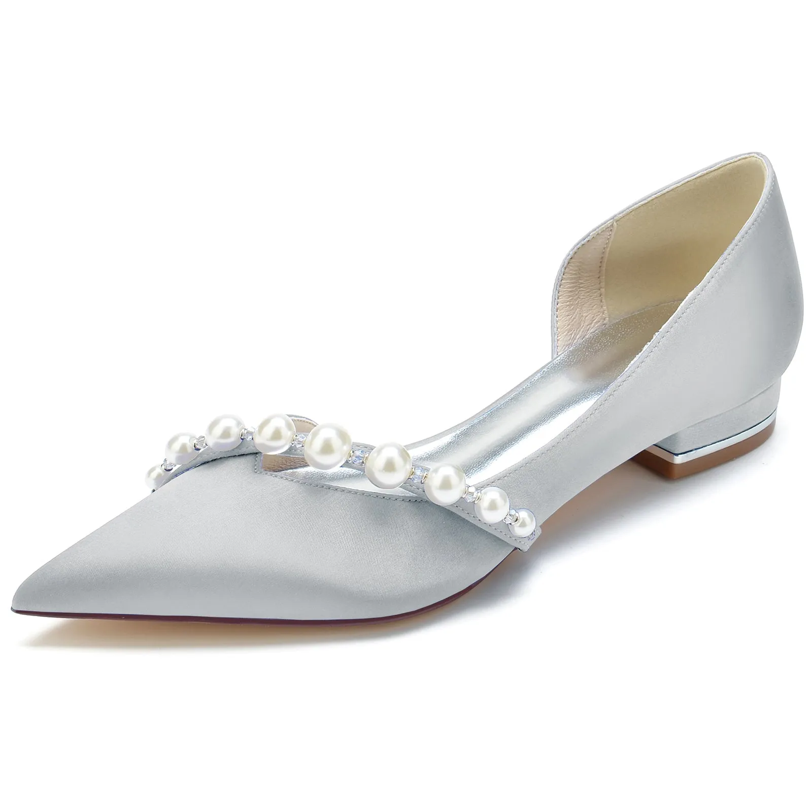Women's Silk Satin With Pearl Closed Toe Flat Heel Wedding Shoes Flat Shoes With Arch Support