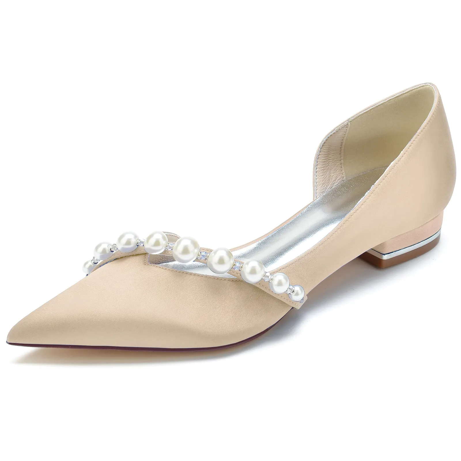 Dress Shoes For Bunions And Flat Feet Women's Silk Satin With Pearl Closed Toe Flat Heel Wedding Shoes