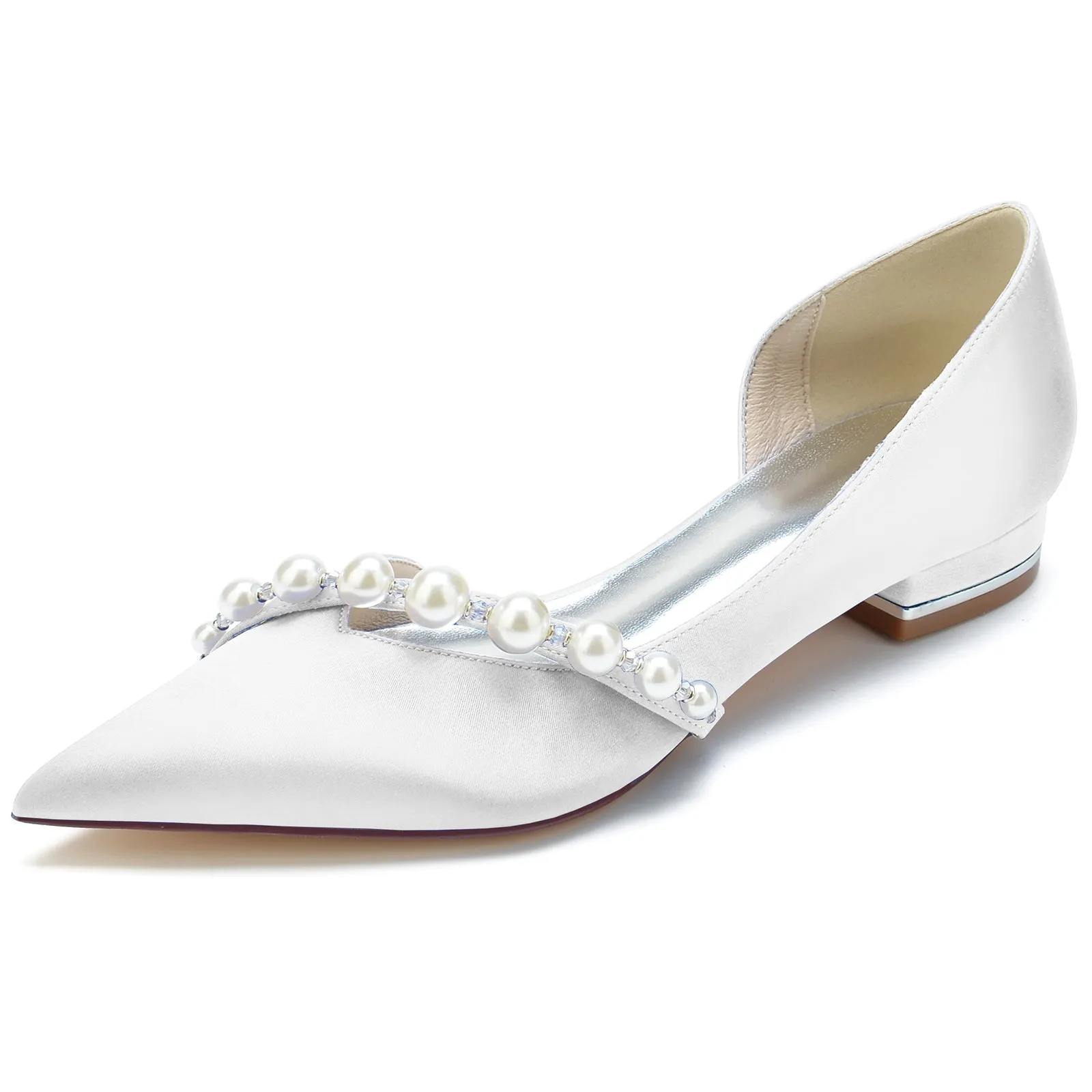 Women's Silk Satin With Pearl Closed Toe Flat Heel Wedding Shoes Tartan Flat Shoes