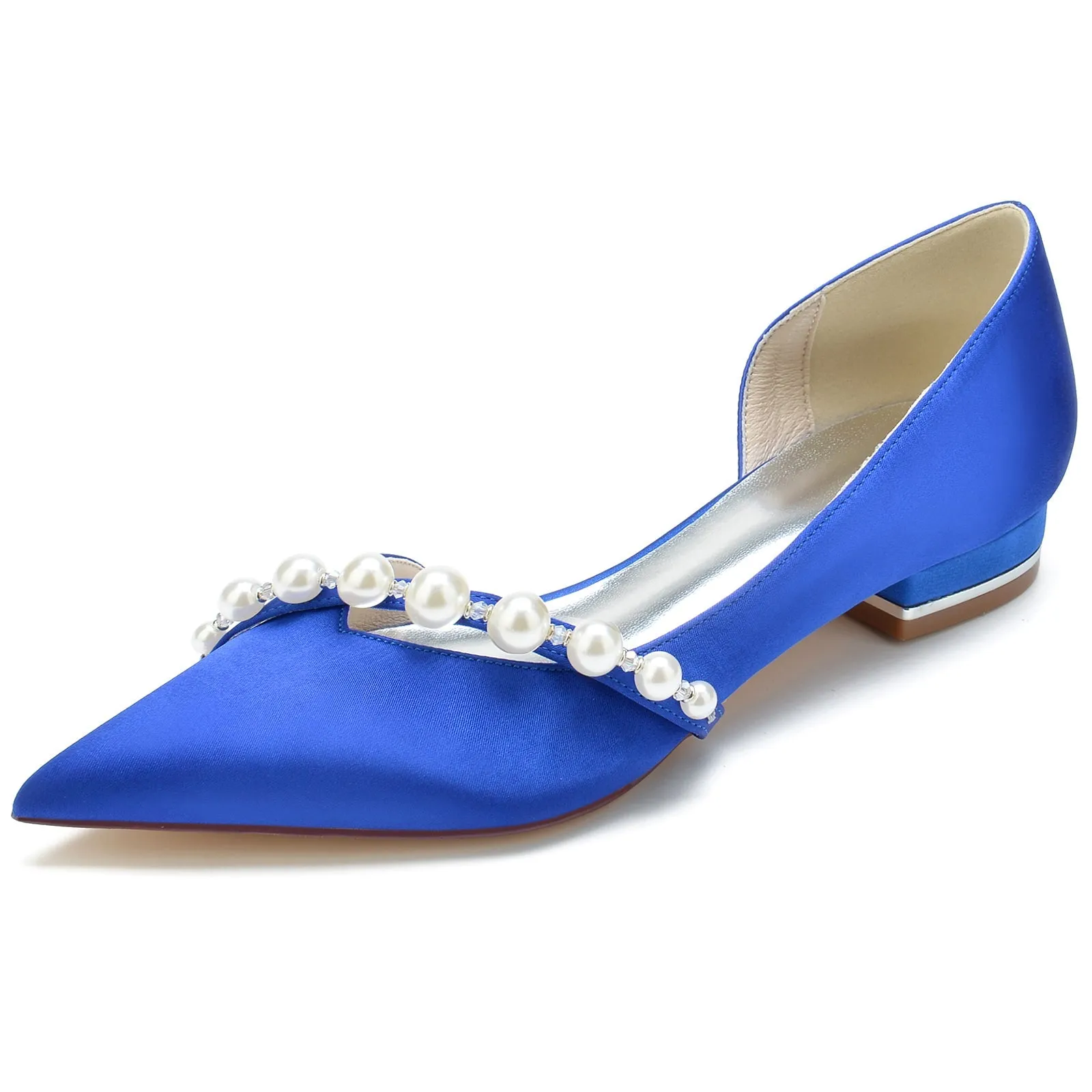 Women's Silk Satin With Pearl Closed Toe Flat Heel Wedding Shoes Low Heel Flat Shoes