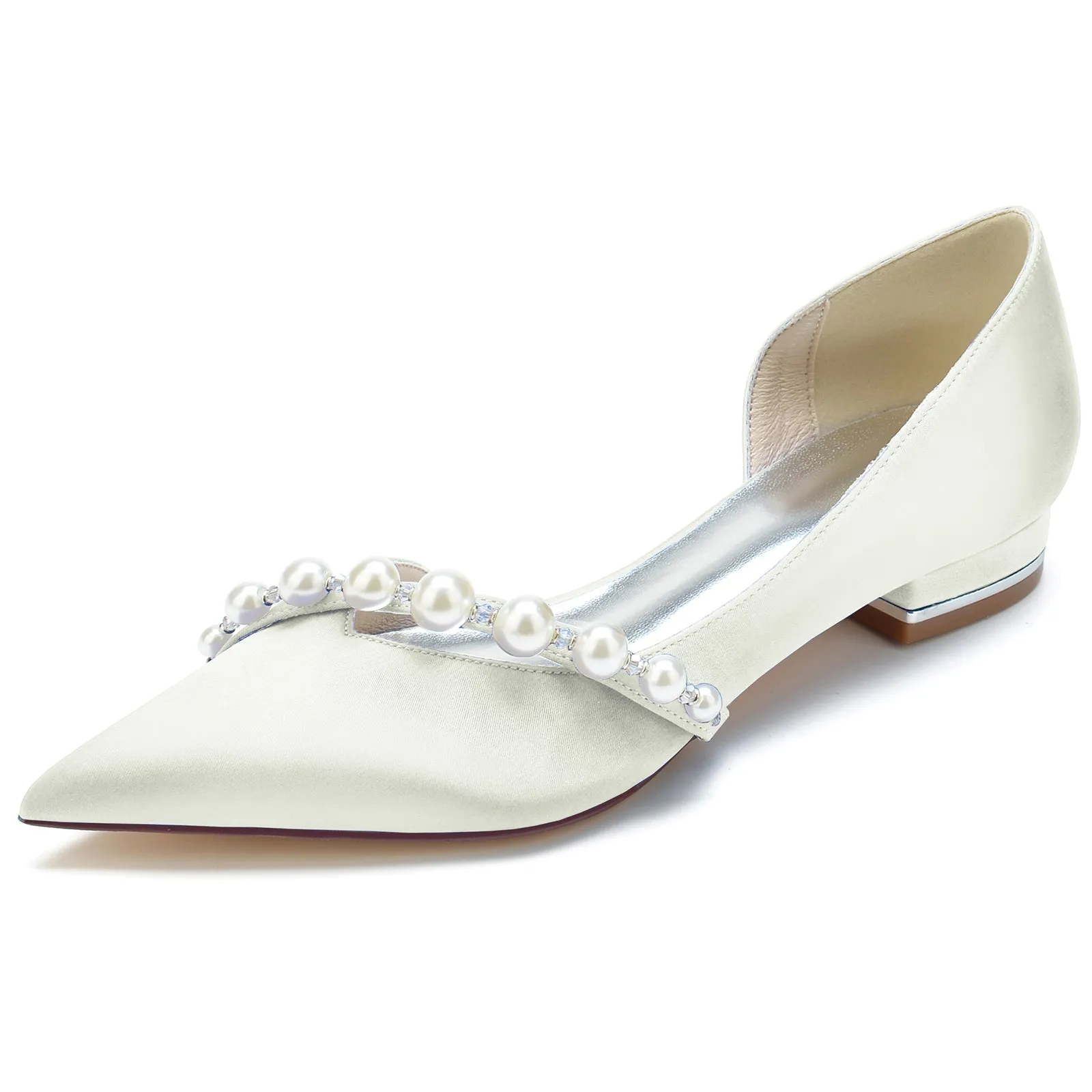 Women's Silk Satin With Pearl Closed Toe Flat Heel Wedding Shoes Shoes For Feet