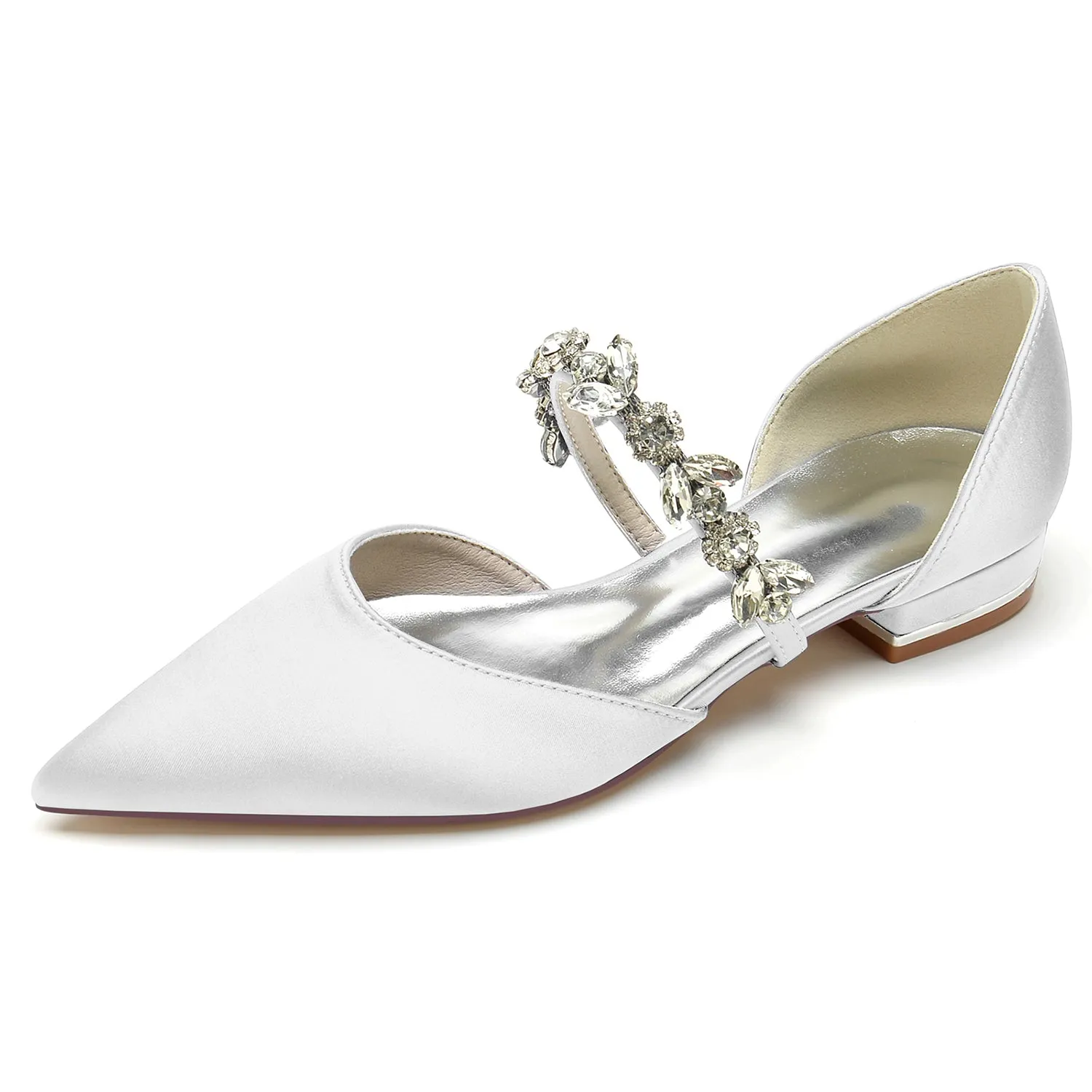 Flat Dress Shoes Wide Width Women's Silk Satin With Rhinestone Closed Toe Flat Heel Wedding Shoes