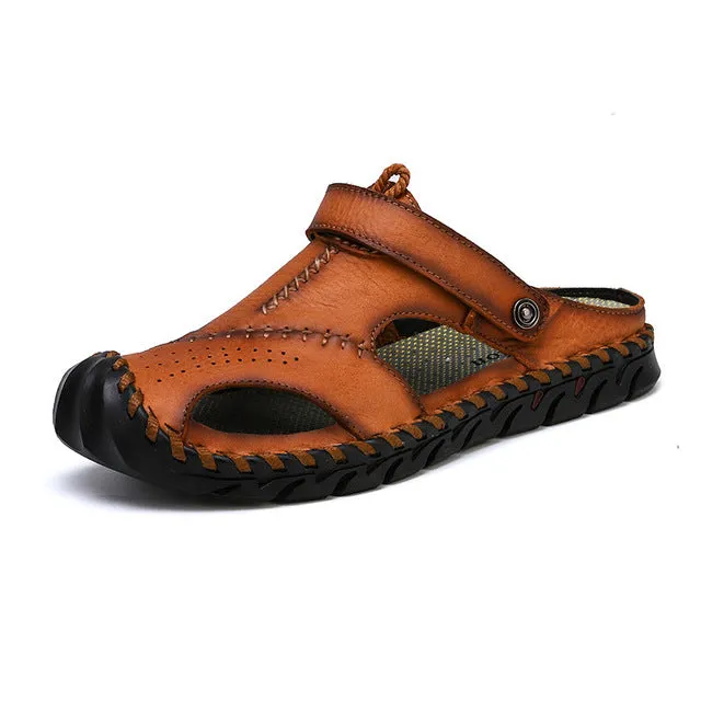 ZUNYU 2019 New Fashion Summer Shoes Cow Leather Men Sandals Hand Sewing Mens Casual Shoes Rubber Soles Beach Shoes Size 38-46 Flat Ankle Strap Sandals