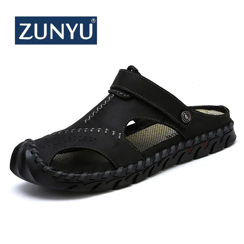 Kg Sandals ZUNYU 2019 New Fashion Summer Shoes Cow Leather Men Sandals Hand Sewing Mens Casual Shoes Rubber Soles Beach Shoes Size 38-46